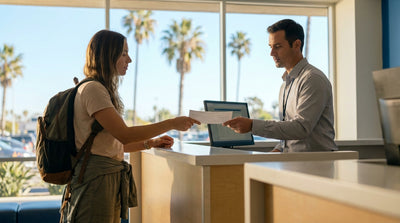 A convertible car hire drives down a scenic California coastal road with the Pacific Ocean in the background