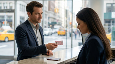 A silver car rental parked on a bustling New York City street with yellow cabs driving by