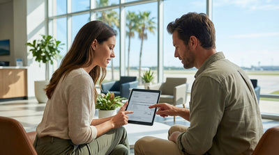 A red convertible car hire driving along Ocean Drive in Miami with palm trees and colorful art deco buildings