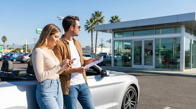 A red convertible car hire driving down a sunny Los Angeles freeway with palm trees