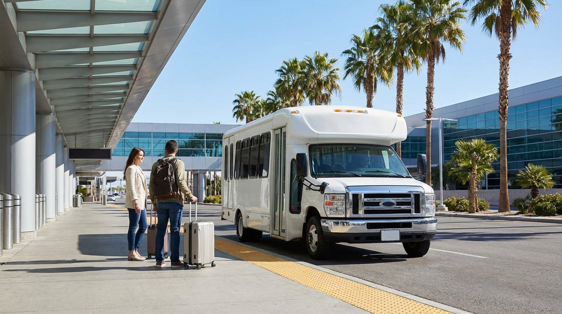 The blue and white shuttle bus for car hire waiting for passengers at the Las Vegas airport