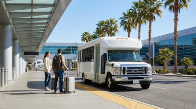 The blue and white shuttle bus for car hire waiting for passengers at the Las Vegas airport