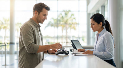 A convertible car rental driving along a scenic, palm-lined highway on a sunny day in Florida