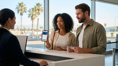 A person at a car hire desk in California holding a smartphone and being handed car keys