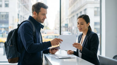 A modern car rental driving through a bustling street in New York City with yellow cabs and skyscrapers in the background