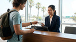 Person holding documents and car keys at a California car rental counter