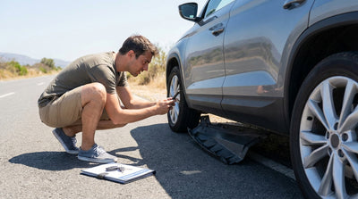 A driver looks under their car rental, pulled over on the shoulder of a sunny highway in California