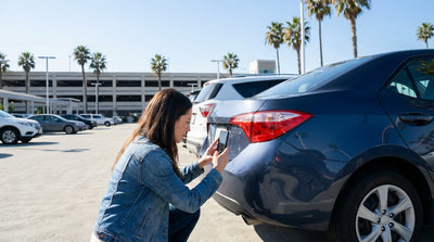 A person inspects the side of a white car rental with a smartphone in a sunny Los Angeles lot