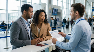A person holding a UK driving licence at a car hire counter in a busy New York airport