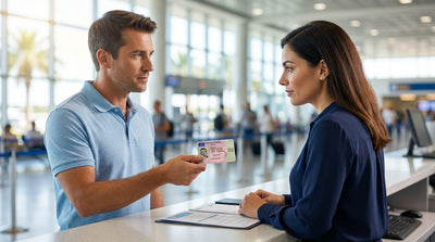 A traveler stands at a car rental counter inside the terminal at Orlando International Airport