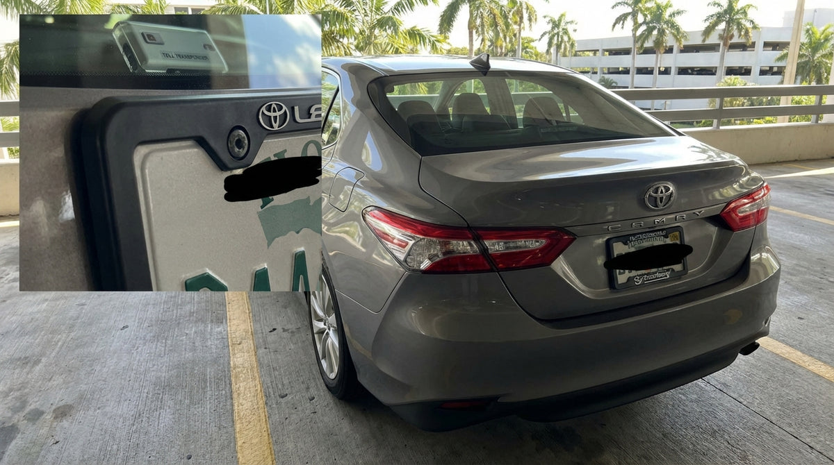 The rear license plate of a car hire in Miami, with a black frame partially covering the Florida state name