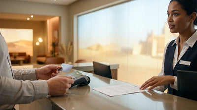 A red convertible car hire driving down the Las Vegas Strip at night, illuminated by bright neon casino lights
