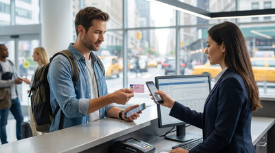 A modern white car rental parked on a classic New York street with yellow cabs driving by