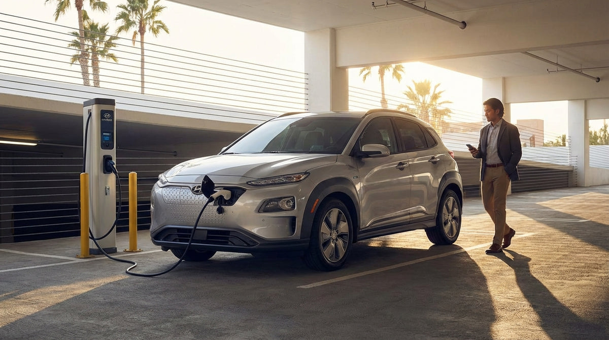 A modern electric car rental driving down a sunny, palm-lined street in Los Angeles