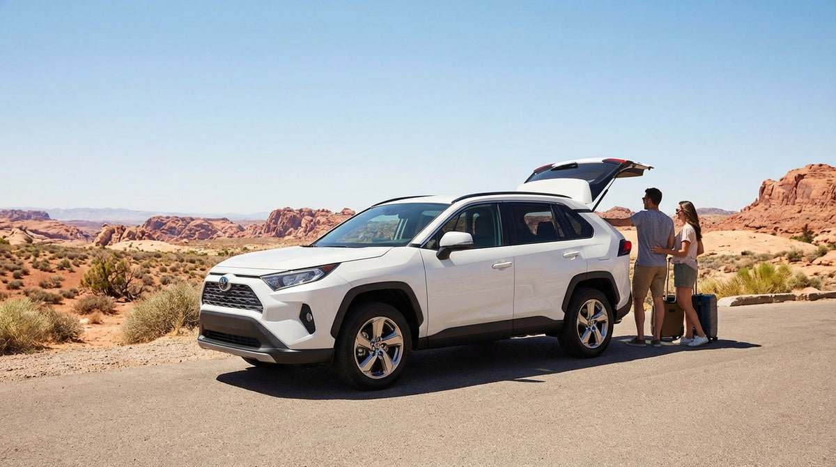 A car rental drives on a scenic desert highway with mountains in the distance outside Las Vegas