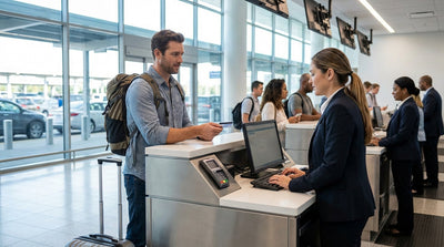 A customer at a car hire counter handing over a credit card at a busy New York airport terminal