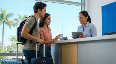A shiny red convertible car rental driving along a sunny, palm-lined street in Miami's South Beach