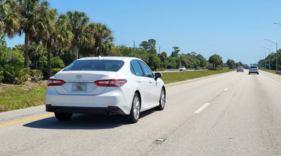 A car rental driving down a sunny highway lined with palm trees in Florida