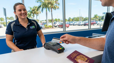 A white convertible car hire driving on a sunny coastal road in Florida next to the ocean