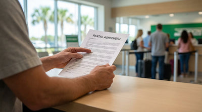 A customer points to a line on a car hire agreement at a rental desk in Orlando