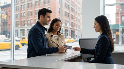 A sleek, modern car hire drives through the iconic yellow taxi traffic of Manhattan, New York