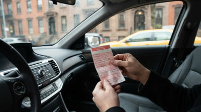 A bright yellow parking ticket tucked under the windshield wiper of a car rental on a busy New York street