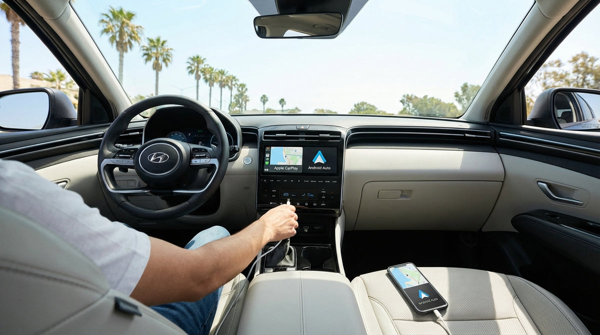 A driver plugs a smartphone into the dashboard of a car rental to use a map app in Orlando