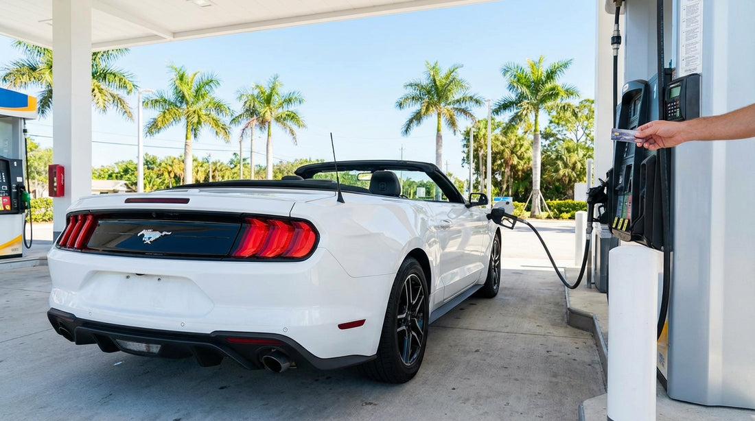 A driver refueling a modern white car rental SUV at a sunny gas station in Florida