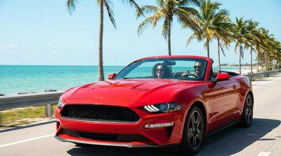A white convertible car rental driving along a scenic coastal highway lined with palm trees in Florida