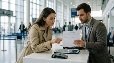 A person checks their car hire agreement next to their rental car on a sunny highway in California