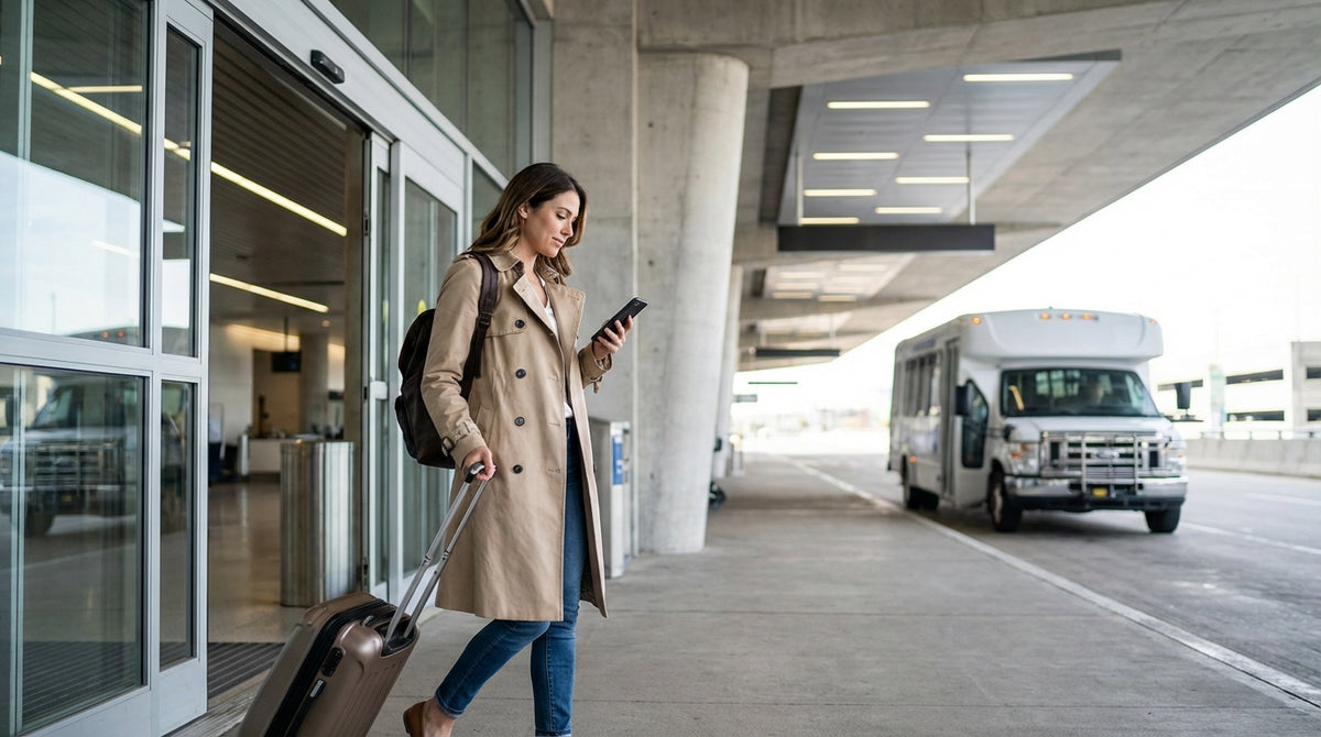 A car hire shuttle bus waits for passengers outside a terminal at LaGuardia Airport in New York