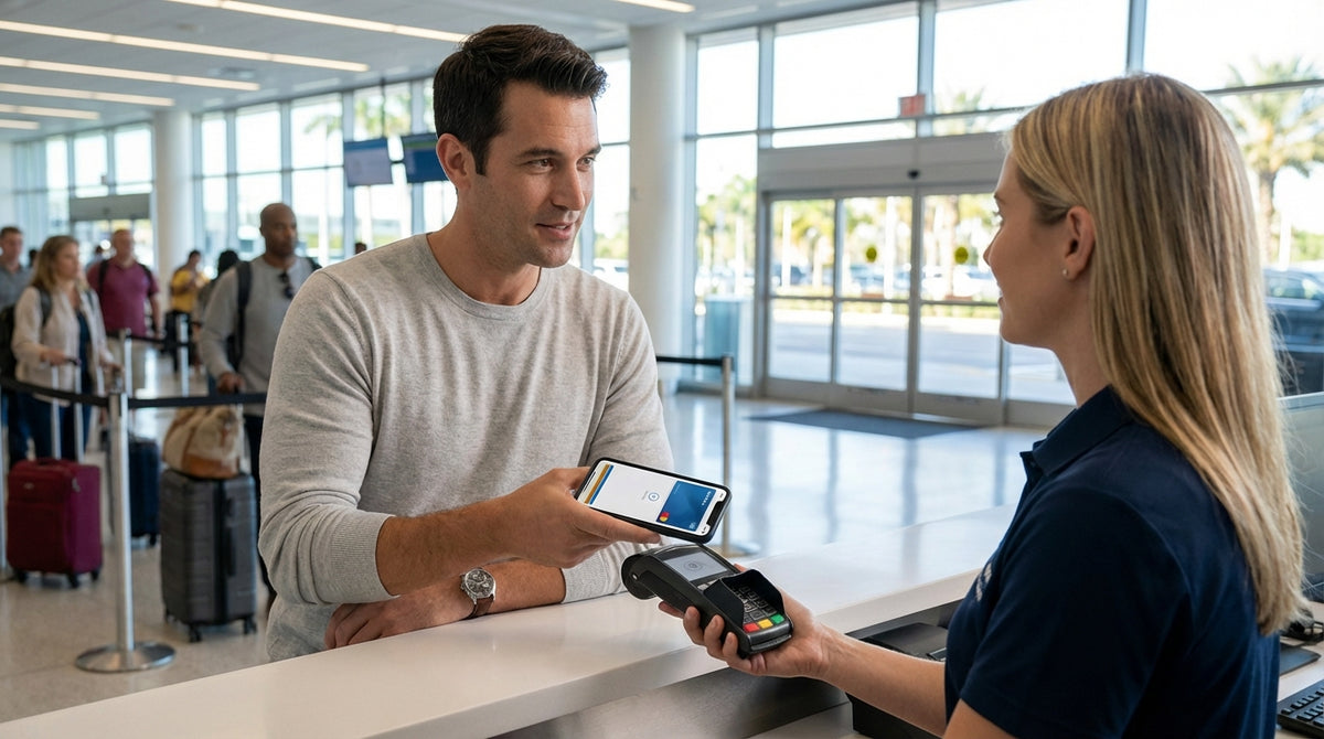 A person at an SFO airport counter in San Francisco using a phone to pay for their car hire