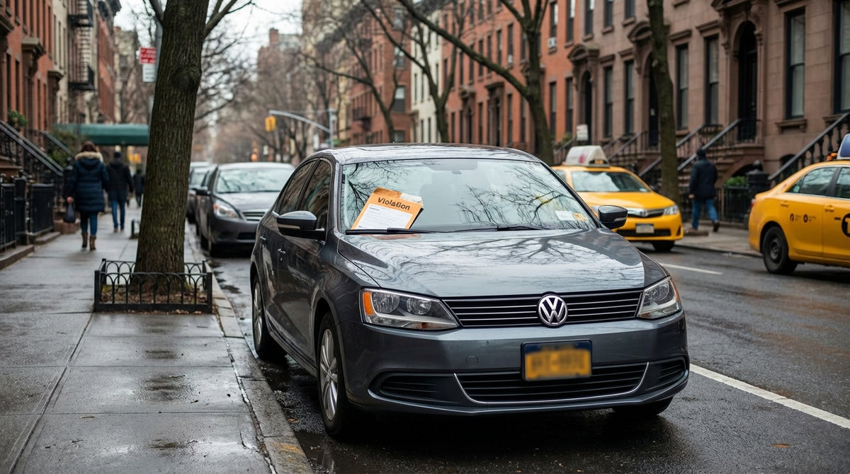 A white parking ticket on the windshield of a car rental parked on a busy New York City street