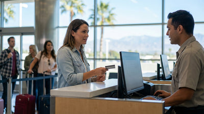 A person holding a credit card and car keys at a car hire counter in a sunlit California airport