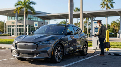 A modern electric car hire plugged into a charging station on a sunny street with palm trees in Florida