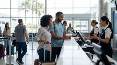 Travelers walking past various car rental company counters inside Orlando Airport