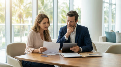 A convertible car rental drives down a sunny, palm-lined street in Miami