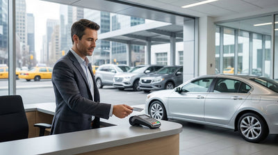 A silver car hire driving down a busy street lined with skyscrapers in midtown New York City