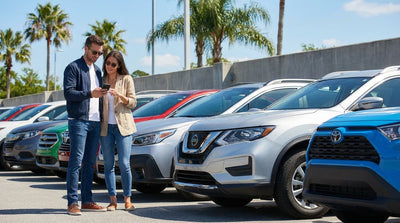 A line of different cars available for car rental at an outdoor lot on a sunny day in Orlando