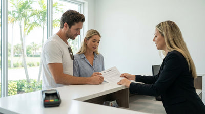 A tow truck assisting a stranded car rental on a sunny, palm-lined highway in Florida