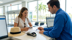 Close-up of a customer handing a credit card to an agent at a car rental desk in Florida