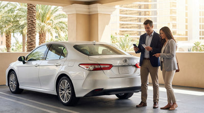 A red car rental pulling into the brightly lit valet area of a modern Las Vegas hotel at night