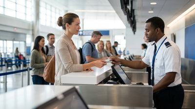 A traveler hands a credit card to an agent at a busy car rental desk in Orlando airport