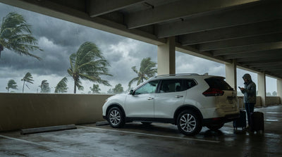 A car hire parked by a Florida beach with palm trees swaying under dark hurricane clouds