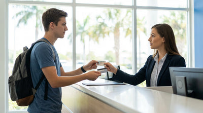 A young driver smiling next to her convertible car hire under sunny palm trees in Florida