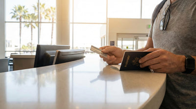 A convertible car hire drives on a scenic coastal highway in California next to the Pacific Ocean