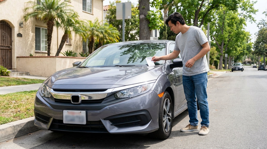 A parking ticket on the windshield of a car hire parked on a sunny, palm-lined street in Los Angeles