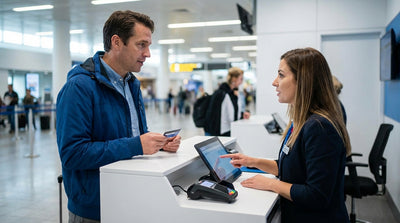 A person at a car hire desk inside the Miami airport finalizing their vehicle paperwork