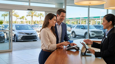 A person at a sunlit Orlando airport counter arranging a car hire with an agent