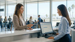 A person's hand holding a credit card over a car rental counter at the LAX airport in Los Angeles